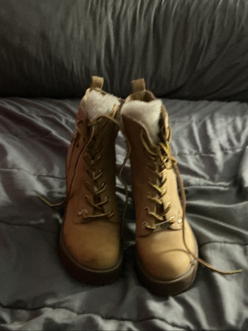 Women's Tan Lace-Up Faux Fur Ankle Boots